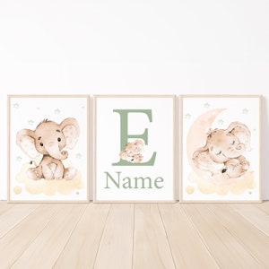 Decorazione da parete per elefante per cameretta dei bambini neutra, stampa personalizzata con nome, poster per bambini, arte per bambini, beige, boho, set personalizzato di 3 ragazze e ragazzi