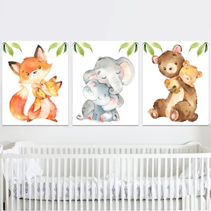 Stampe d'arte per la scuola materna del bambino, cameretta dei bambini, ragazzo, sala giochi, poster, set di 3, elefante, volpe, orso, acquerello, tela, digitale, bambino