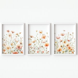 Fiori di campo vivaio arte stampabile floreale ragazza camera da letto decorazione della parete poster botanici per bambini set di 3 regalo su tela per sala giochi digitale color pesca