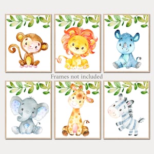 Impresiones de arte de pared de animales de la jungla, decoración de guardería de bebé niño, pósteres para dormitorio de niña, juego de 6 cuadros de lienzo digital de acuarela