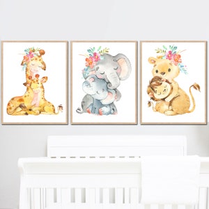 Baby Girl Safari Nursery Art Decor Jungle Animal Poster Elephant Wall Prints conjunto de 3 Floral Kids Room Niños pequeños Cuadros en lienzo