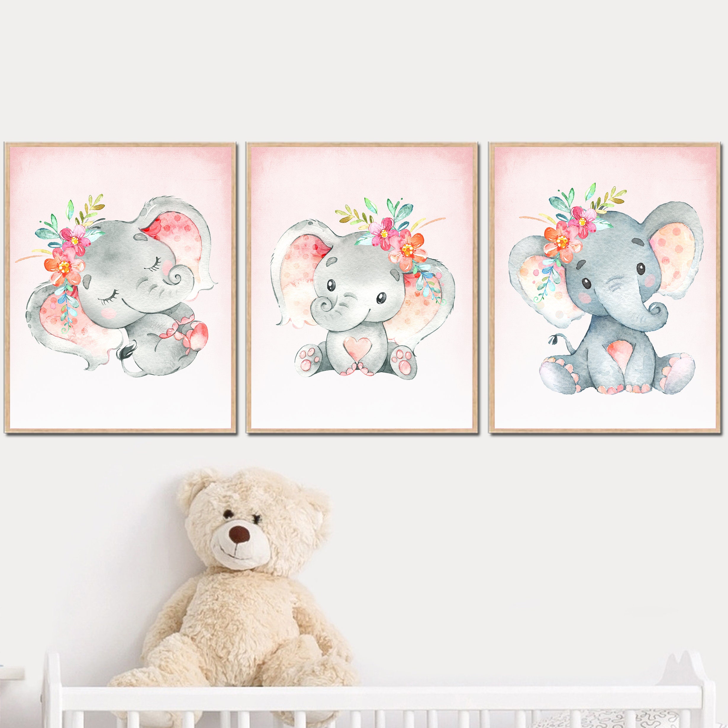 Baby Girl Nursery Print Wall Decor Floral Elephant Art Posters Set of 3 ...