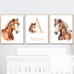 neutro Cavallo Nursery Wall Art Prints Nome personalizzato Baby Girl boy Bedroom Decor Poster per bambini set di 3 immagini digitali stampabili sala giochi