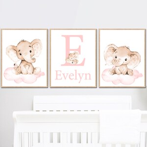 Nome personalizzato per bambine, stampe artistiche neutre per la cameretta dei bambini, decorazioni murali personalizzate con elefanti per la camera dei bambini, set di 3 beige rosa