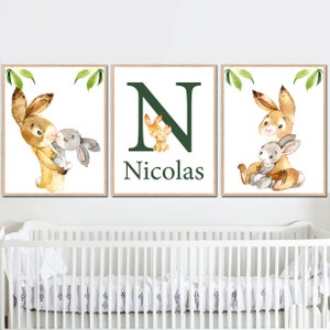 Lettre initiales imprimés art mural lapin nom personnalisé lièvre bébé garçon chambre d'enfant décor personnalisé chambre d'enfant lot de 3 toile aquarelle fille numérique