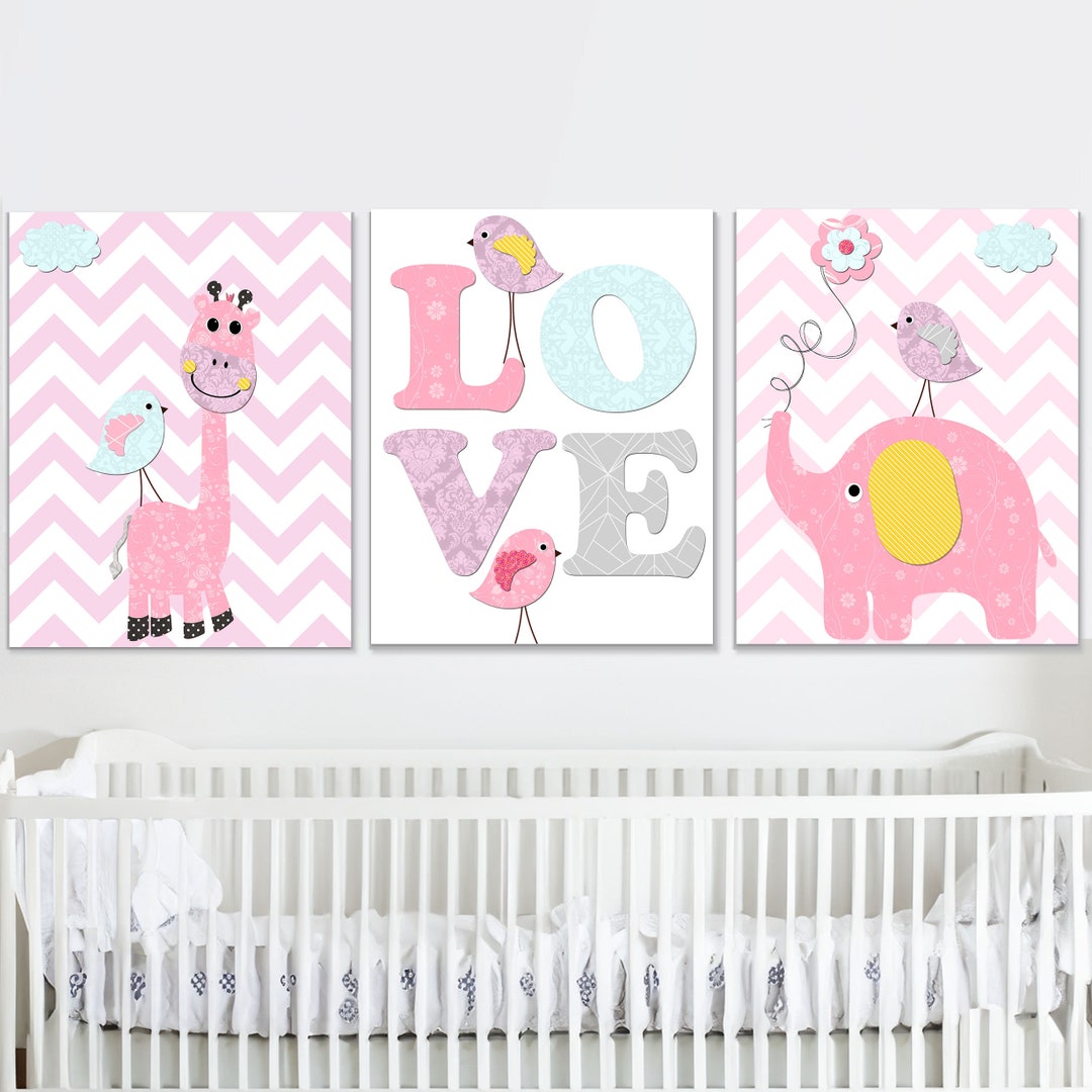 Baby Girl Nursery Art Printable Elephant Giraffe Childrens Wall Decor ...