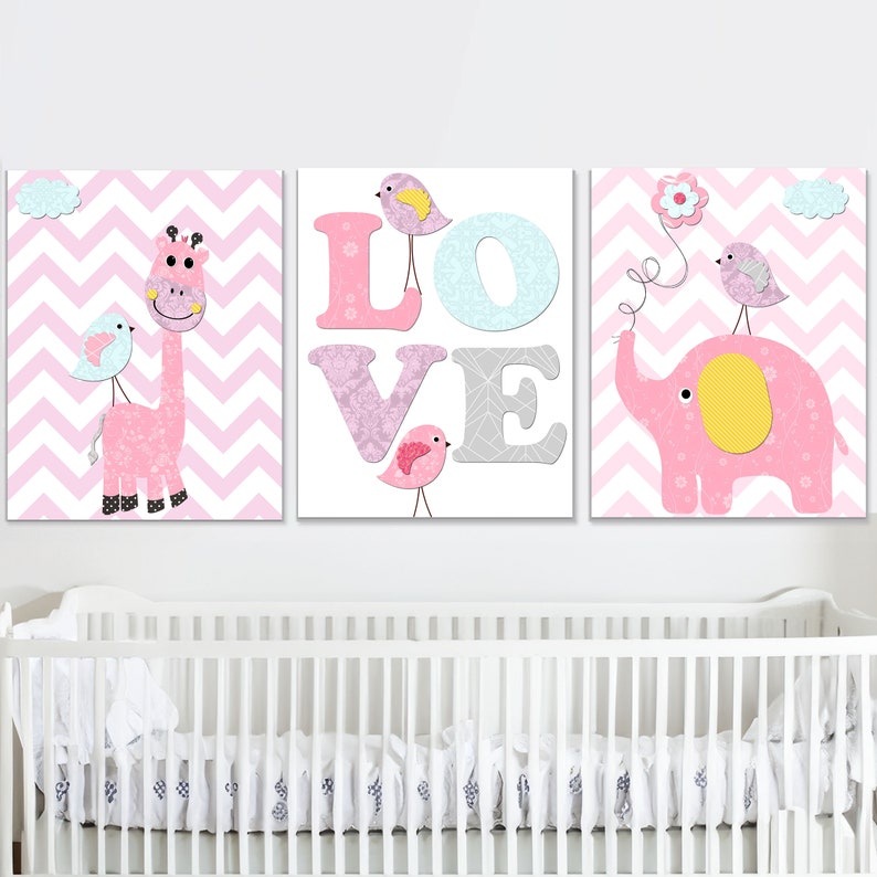 Baby Girl Nursery Art Print Elephant Giraffe Childrens Wall Decor Kids Room Decoration set of 3 Poster digital canvas Pink Purple image 1
