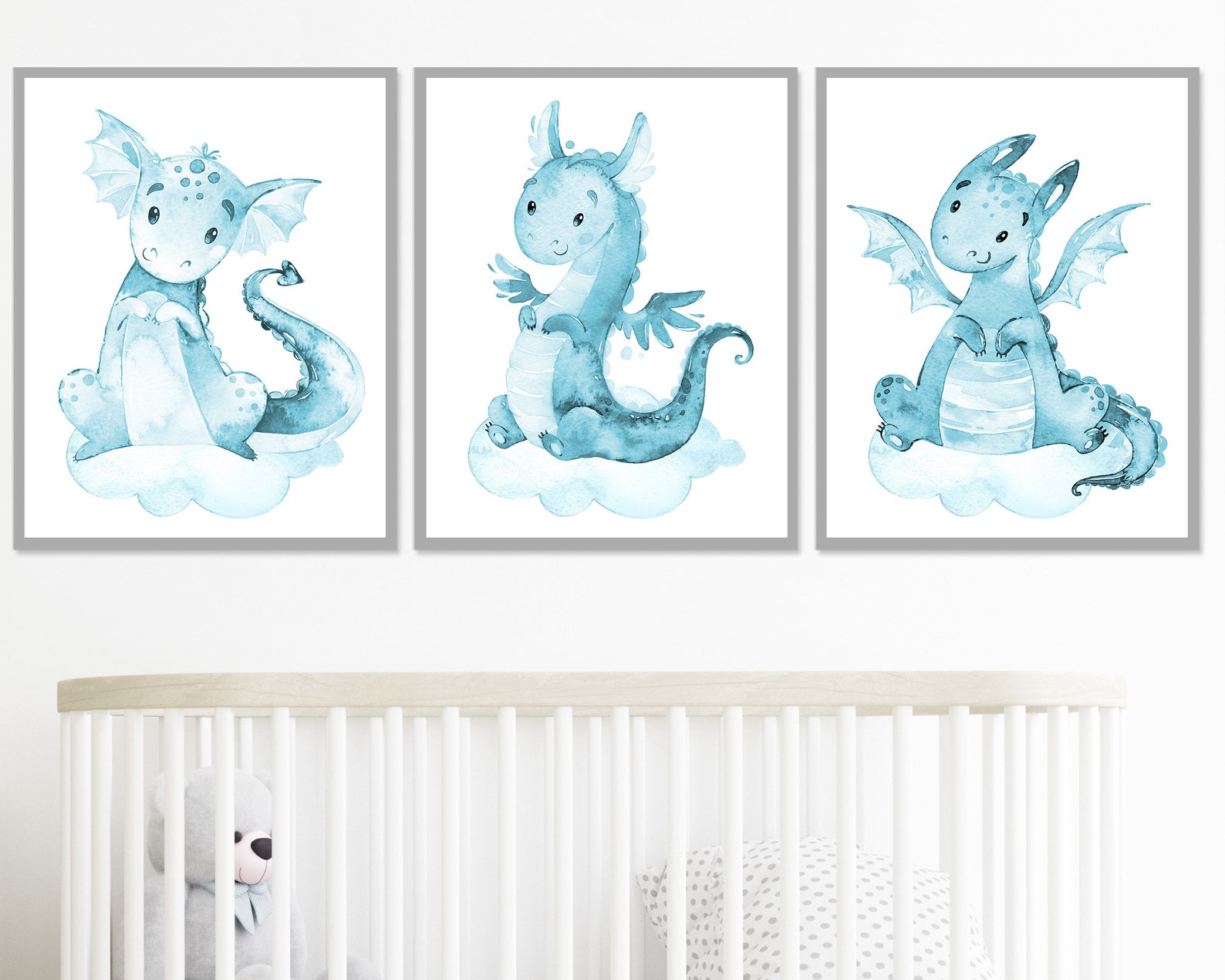 Baby Boy Nursery Decor Dragon Prints Wall Art Kids Playroom Set of 3 ...