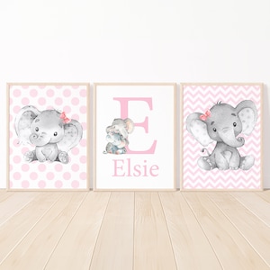 Elefante vivero carta impresiones iniciales personalizado nombre de las niñas pared arte bebé decoración pequeño dormitorio niños conjunto de 3 niños lienzo rosa gris