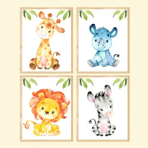 Safari Baby Nursery Wall Decor Jungle Animals Art Prints Canvas Kids Bedroom Picture set of 4 Giraffe zebra lion Watercolor playroom digital