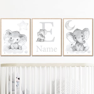 Decorazione murale per cameretta dei bambini neutra grigia, elefante personalizzato, nome della bambina, stampabile, set di 3 poster per la sala giochi, regalo per bambini