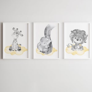 Decoración de pared neutra para guardería, animales para bebés, niños y niñas, impresión artística para dormitorio, juego de 3 piezas, póster infantil, elefante, jirafa, león, digital, gris y amarillo