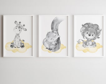 Neutral Nursery Wall Decoration Baby animals Boy Girl Bedroom Art Print Kids set of 3 Child poster Elephant Giraffe lion digital gray yellow