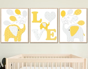 Yellow Gray Elephant Wall Decor Baby Girl Nursery Wall Art Prints Boy Kids Room Printable set of 3 digital printable Canvas Stickers