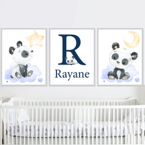 Bebé Panda Impresión Niño Vivero Pared Arte Decoración Nombre Signo Carta Inicial Niños Dormitorio conjunto personalizado de 3 Cartel Lienzo niño pequeño