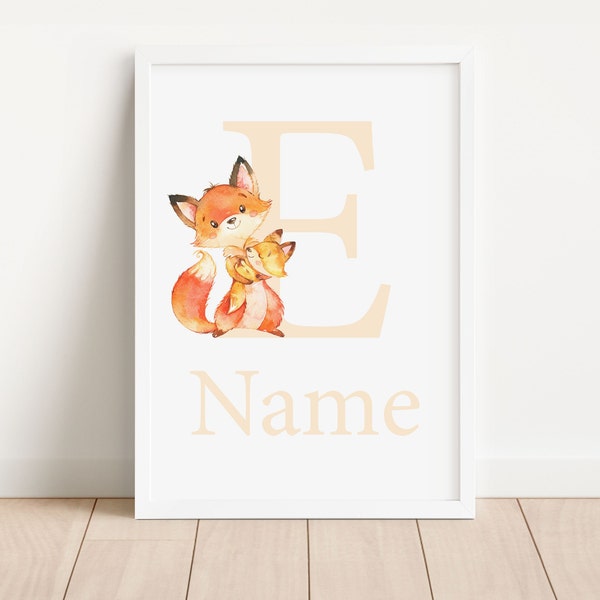 Custom Fox Sign Baby First Name Art Initial Prints Personalized Neutral Boy Girl Nursery Wall Decor kids Chil room Poster Gender