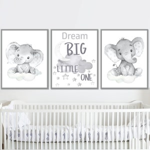 Genere neutro Nursery Decor stampabile Baby Boy Quote Art Elefante set di 3 bambini Wall Dream Big Little One Immagini digitali bambino