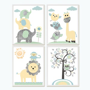 Decorazione con stampa di elefante e giraffa, per la cameretta dei bambini, set di 4 tele con leone blu e grigio