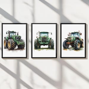 Poster da parete per bambini in fattoria, decorazione per la camera da letto del bambino, trattore, set digitale di 3 stampe, sala giochi, piccola tela stampabile, regalo, verde
