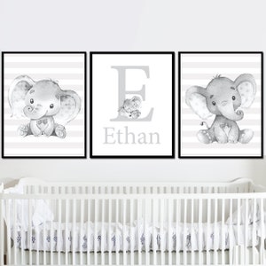 Custom Baby Name Initial Print Personalized Wall Decor Art Boy Nursery Children Room Elephant picture set of 3 Canvas Gray