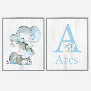 Benutzerdefinierte Baby Boy Name Initial Printable personalisierte Kinder Buchstabe Elefant Kinderzimmer Wand Kunst Kind Spielzimmer Dekor 2er Set digital grau blau