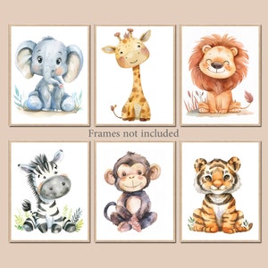 Safari Nursery Art Neutral Bedroom Decor Boy Girl Jungle Animal Wall Printable Digital Kid set of 6 Elephant Giraffe Lion Monkey Zebra Tiger