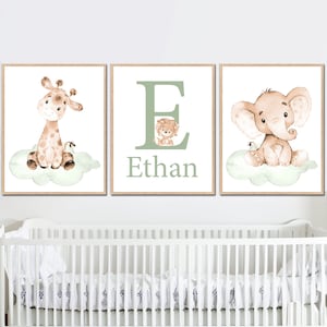 Decoración de pared neutra para habitación de bebé, pósteres para niños, safari, arte de la jungla, nombre personalizado, beige, pastel, juego de 3 imágenes para guardería personalizadas