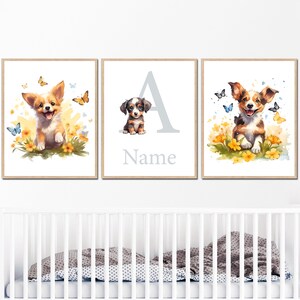 Personalizado nombre del bebé imprime perros vivero arte cartel inicial pared decoración niña niño niños dormitorio conjunto de 3 imágenes niño digital