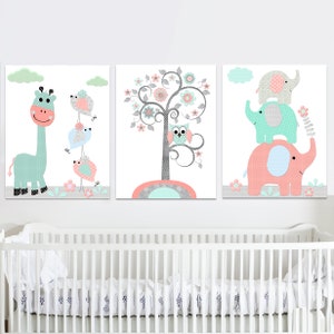 Decoración de pared para niña, impresión artística de jirafa para guardería, dormitorio infantil, elefante, jirafa, pájaros, juego de 3 imágenes de póster digital en lienzo gris coral menta