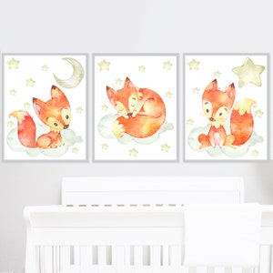 Decorazione da parete con volpe, stampabile, per cameretta dei bambini, animali del bosco, set da 3, quadri per bambini, regalo digitale su tela, poster Srar Moon