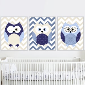 Poster per bambini con gufo, stampabile, decorazione da parete per la camera da letto del neonato, set di 3 poster per bambini, poster digitale in tela blu navy e beige