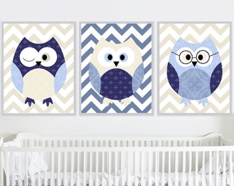 Owl Nursery Print Baby Boy Room Wall Art Decor Children pictures Kids set of 3 posters Navy Blue Beige Canvas digital gifts