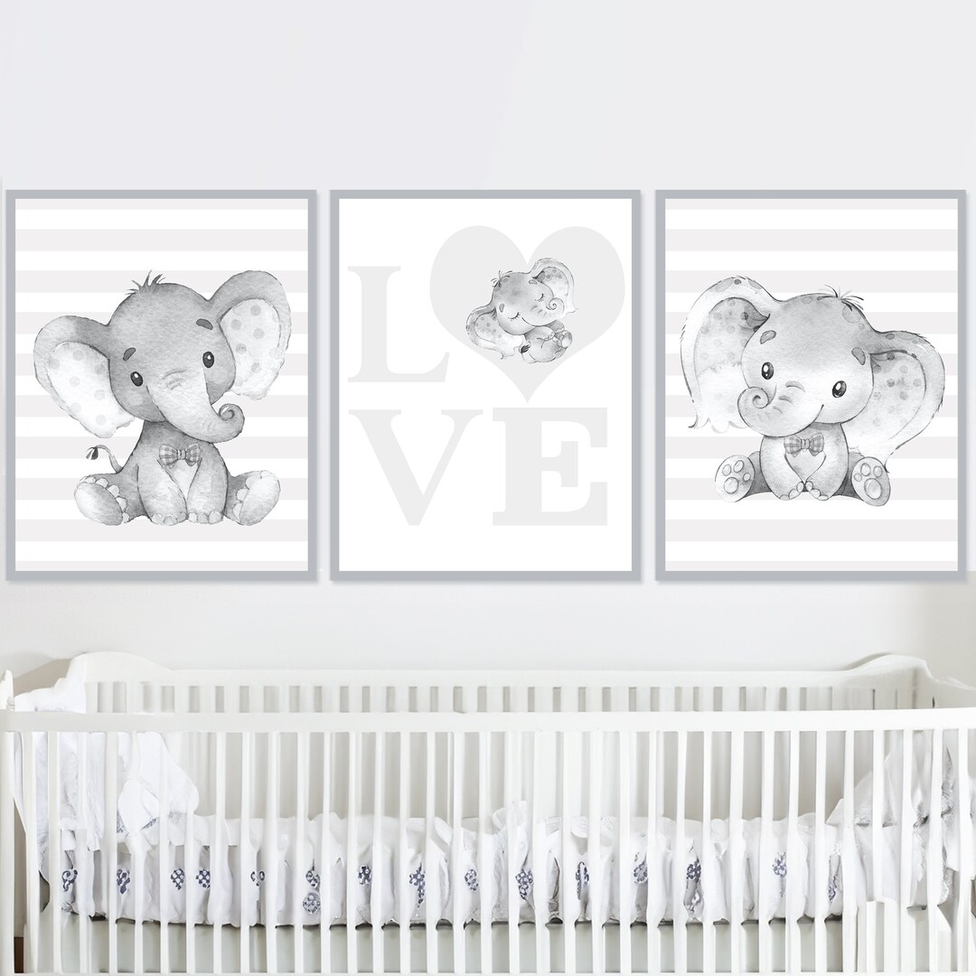 Elephant Print Art Baby Boy Nursery Wall Decor Neutral Poster Set of 3 ...