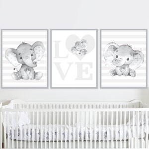 Stampa artistica con elefante, decorazione da parete per la cameretta dei bambini, poster neutro, set di 3 stampe su tela, colore grigio amore, immagini digitali per la decorazione della camera dei bambini