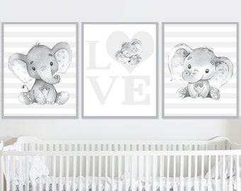 Elephant Print Art Baby Boy Nursery Wall Decor Neutral poster set of 3 Gray love Canvas Children room kids decoration