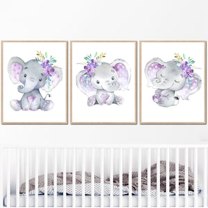 Decorazione da parete per la cameretta del bambino, stampa artistica con elefante, set di 3 stampe ad acquerello, stampabili, digitali, lilla, grigio, viola, lavanda, piccola immagine