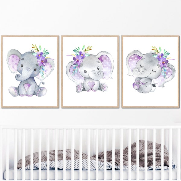 Baby Girl Nursery Wall Decor Elephant Art Print Kids Room set of 3 Watercolor Printable Digital lilac Gray purple lavender