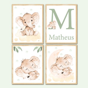 Nombre personalizado del bebé Elefante Neutral Niños Dormitorio Decoración Custom Nursery Wall Art Impresiones iniciales Conjunto de niños de 4 imágenes de color verde oliva