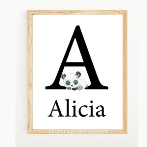 Baby shower personnalisée prénom signe affiche personnalisée enfants garçon pépinière Art fille lettre initiale impression murale panda décoration de chambre d'enfant salle de jeux
