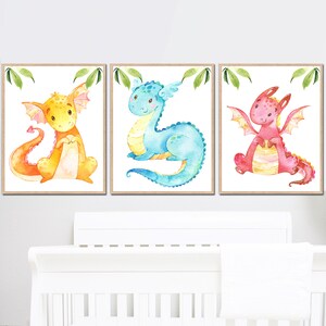 Arte da parete stampabile con drago, decorazione per la cameretta dei neonati, poster per la sala giochi dei bambini, set di tele per acquerelli per bambini, set di 3 regali digitali per bambina