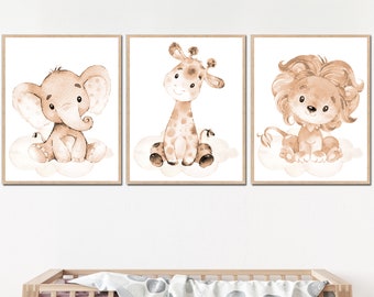 Neutral Nursery Wall Art Prints Jungle Safari Animal Baby Room Decor Kids set of 3 Giraffe elephant lion Boy girl Gender