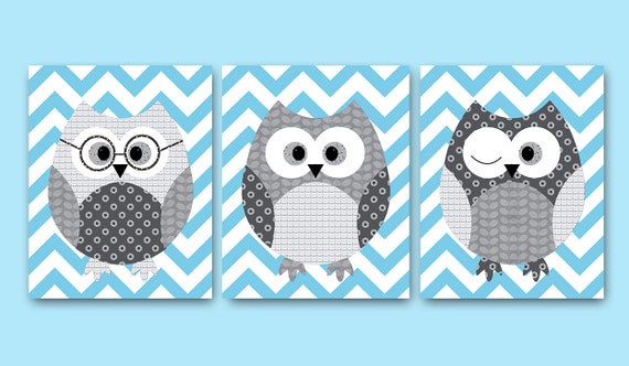 Owl Decor Owl Nursery Print Baby Nursery Decoration Baby Boy Nursery Canvas Kids Wall Art Kids Art Baby Room Decor Set Of 3 Owl Blue Gray