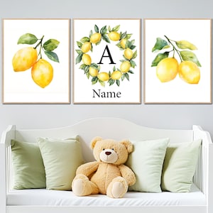 stampe artistiche da parete con limoni frutta nome personalizzato poster iniziale per bambini vintage fattoria bambina cameretta bambino arredamento camera da letto set digitale personalizzato di 3
