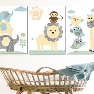 Juego de 3 pósteres con diseño de jirafa, elefante, decoración para dormitorio infantil, arte de pared neutro, para bebé, niño, imágenes digitales en amarillo, azul y menta