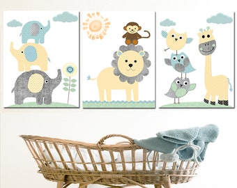 Neutral Wall Art Baby Boy Nursery Print Giraffe Elephant Kids Room Decor Children Poster set of 3 Yellow Blue Mint