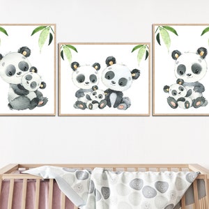 Panda Baby Room Poster Boy Nursery Decorazione da parete Stampe d'arte per bambini per bambini animali set di 3 immagini di famiglia regalo digitale su tela grigia
