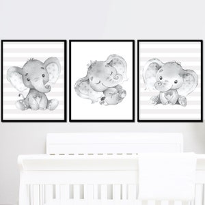 Neutral Baby Jungen Zimmer Dekor Elefant Familie Kunst Poster Kinderzimmer Wand Drucke 3er Set Bild Kind Kind grau printable digital Gender Kleinkind