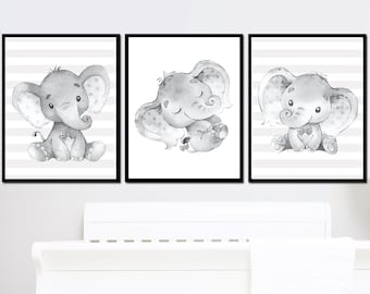 Ensemble de 3 décorations neutres pour chambre de bébé garçon, éléphant, famille, affiches d'art, impression murale pour chambre d'enfant, impression numérique, gris, sexe