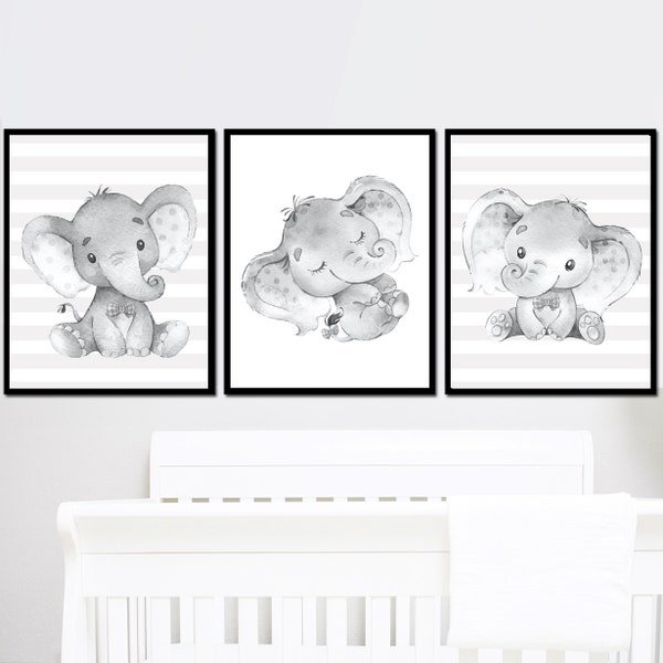 Neutral Baby Jungen Zimmer Dekor Elefant Familie Kunst Poster Kinderzimmer Wandbilder 3er Set Bild Kind Kinder grau druckbare digitale Geschlecht