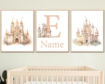 Prinzessin Schloss Druck Wand Kunst Dekor Personalisierter Name Benutzerdefinierte Märchen digitale Baby Mädchen Kinderzimmer Schlafzimmer Kleinkind 3er neutrale Bild